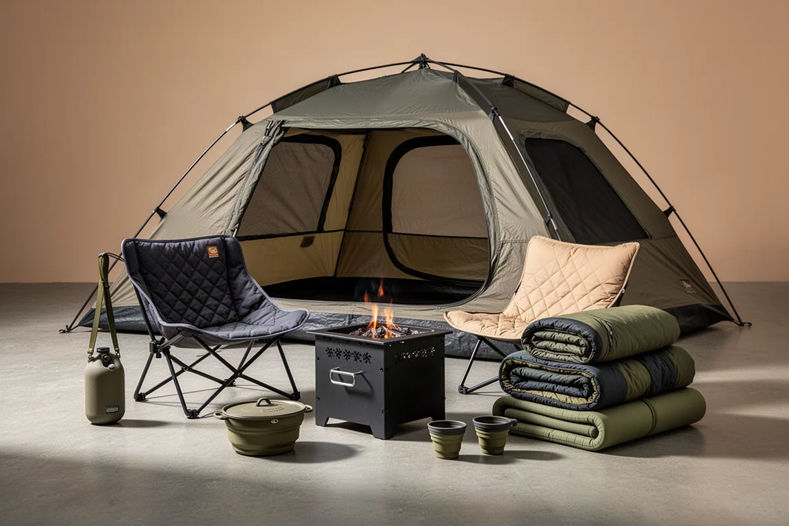 Car camping gear including a tall tent, camp seat, sleep pads, and collapsible cookware