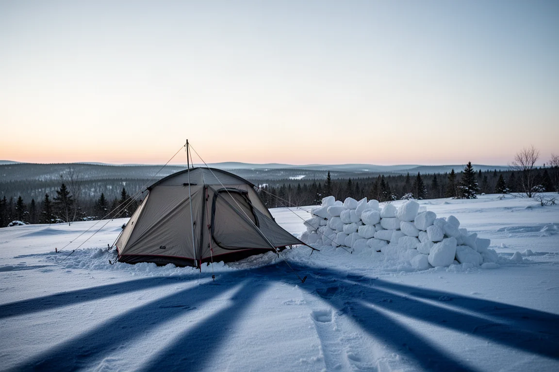 Campo invernale su un crinale innevato durante l'ora blu con una tenda dal profilo basso