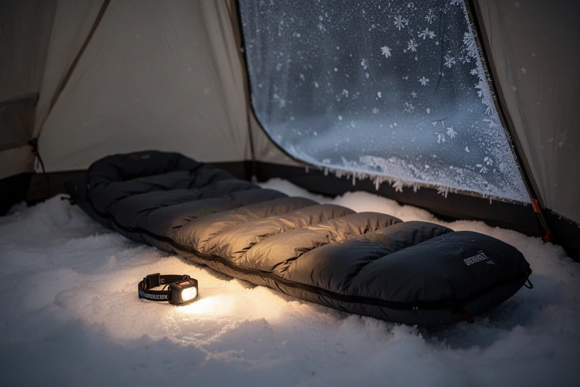 Interno di una tenda invernale di notte con stuoia e quilt stesi sulla neve