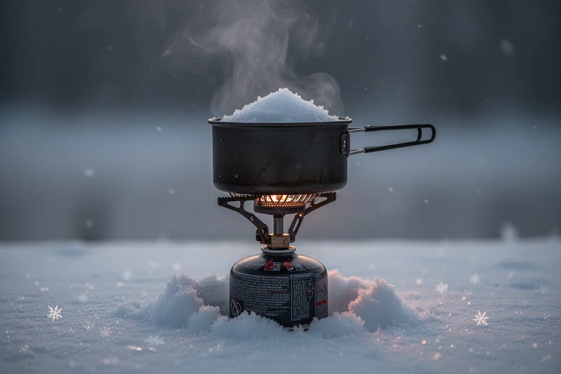 Fornello a cartuccia con pentola a scambiatore di calore che scioglie la neve al crepuscolo