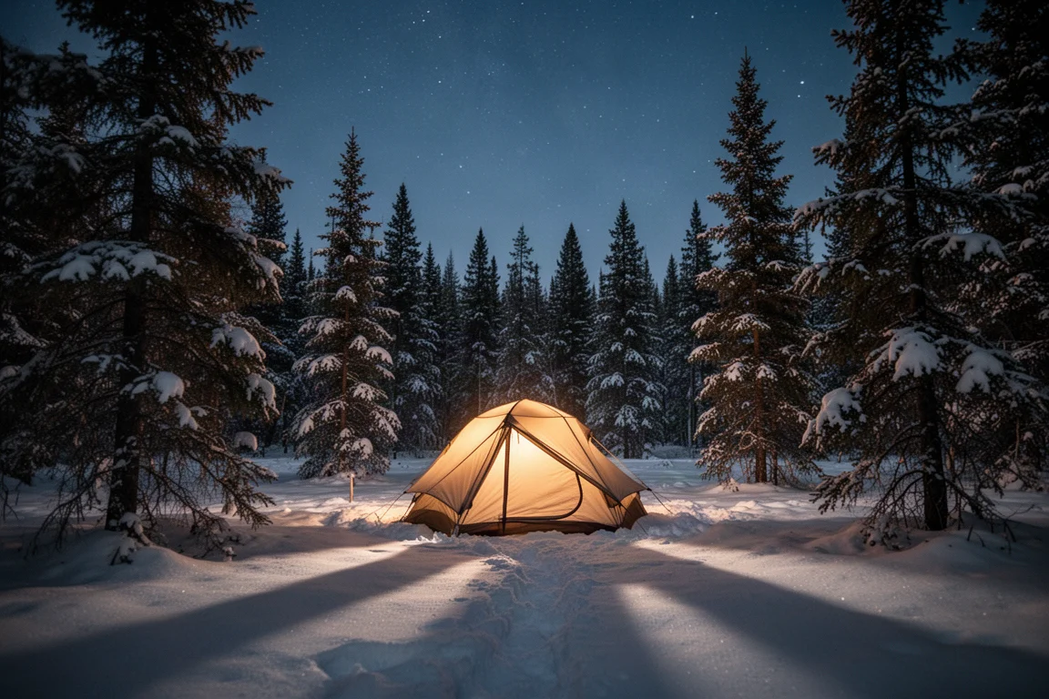Tenda illuminata che brilla in una radura innevata di notte