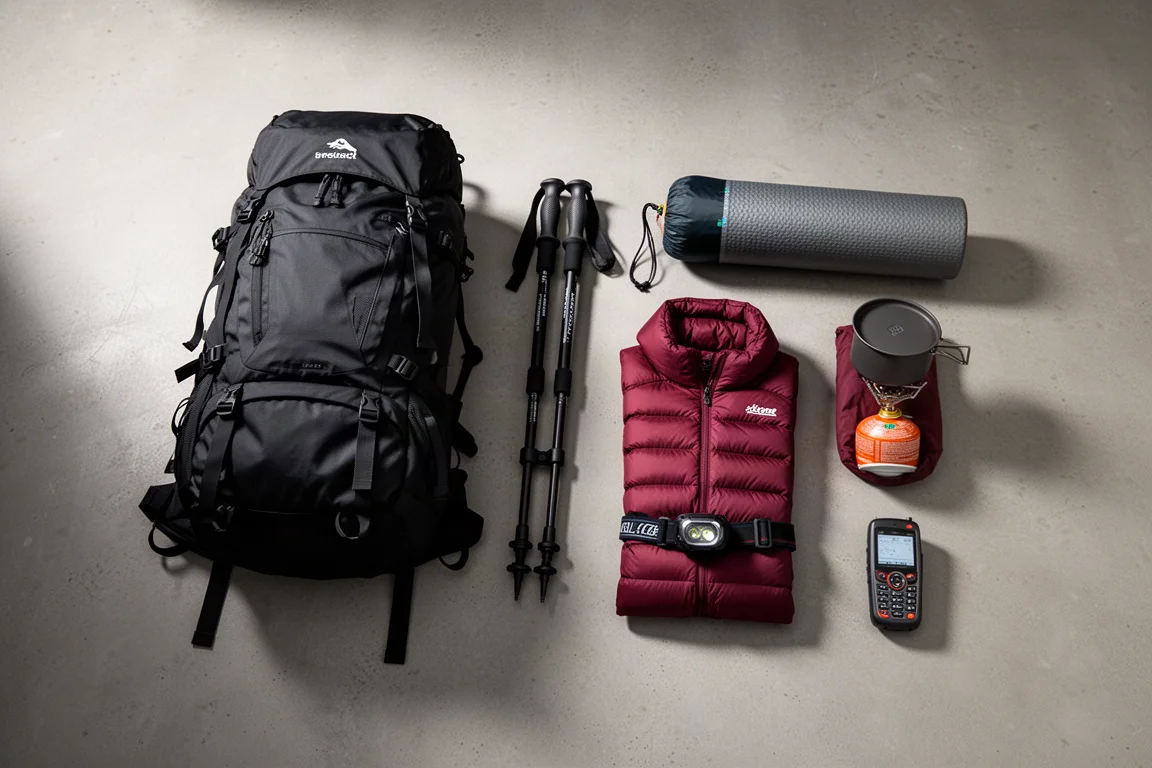 Winter camping gear flat lay with backpack, tent, sleeping pad, down jacket, stove and headlamp