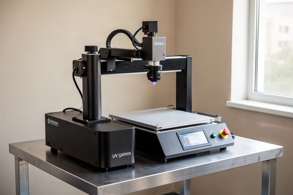 Four laser machines arranged in a row on a polished concrete workshop floor