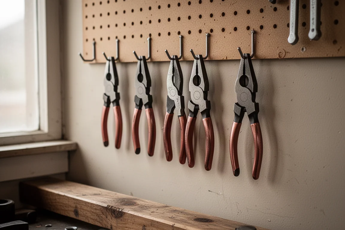 Expositor de pared con alicates colgados en un taller casero