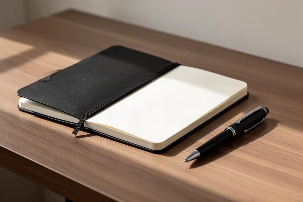Notebook and pen on a table in soft daylight