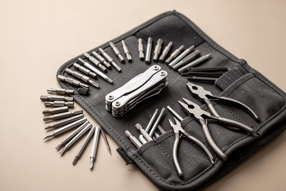 Compact screwdriver set laid out next to small tools