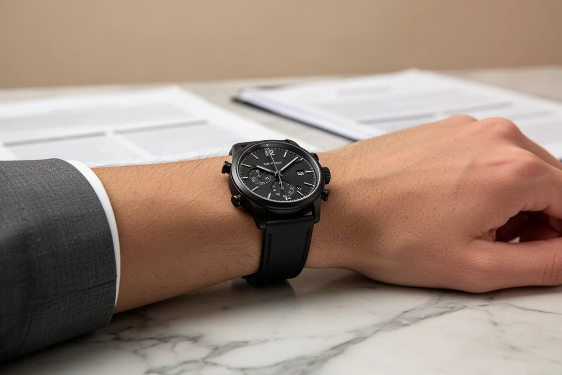Sleek wristwatch with tactile buttons worn with professional attire