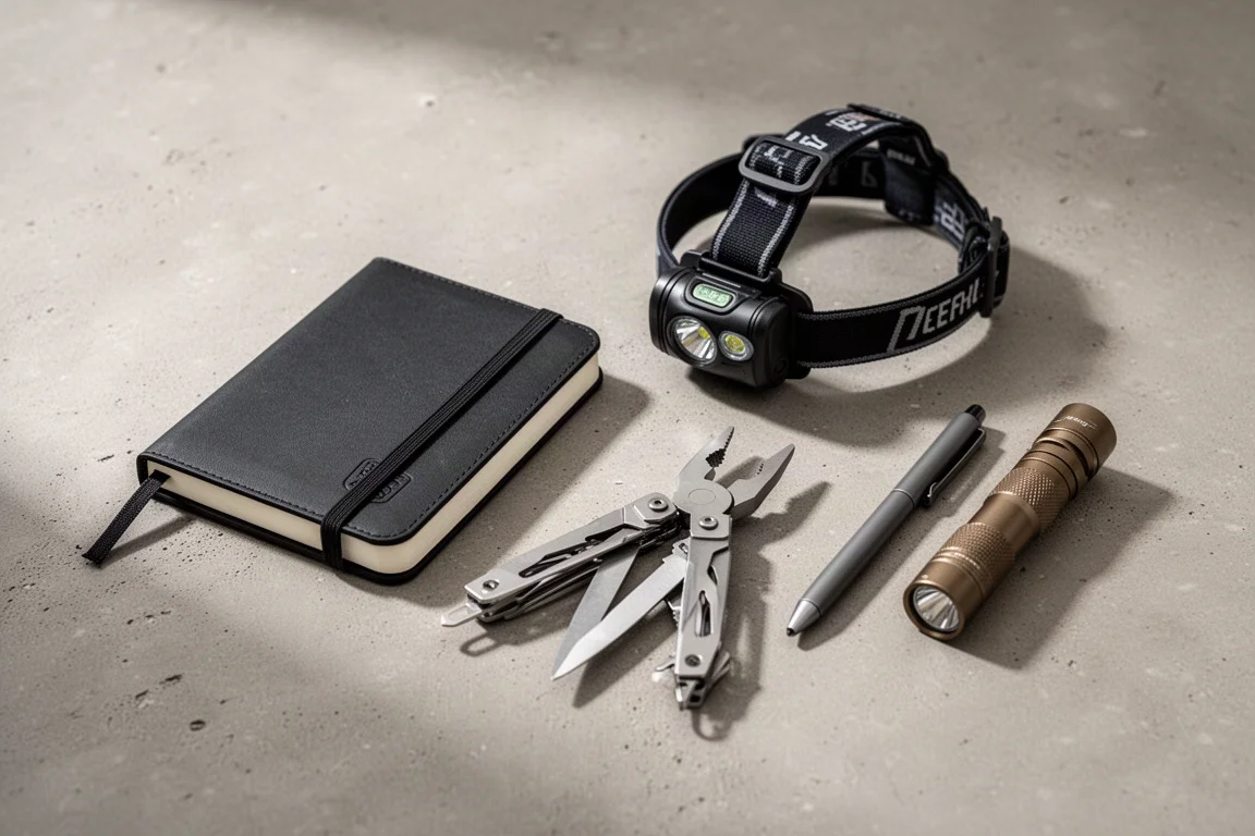 Sprzęt everyday carry, w tym notatnik, czołówka, multitool, długopis i latarka, ułożone na betonie