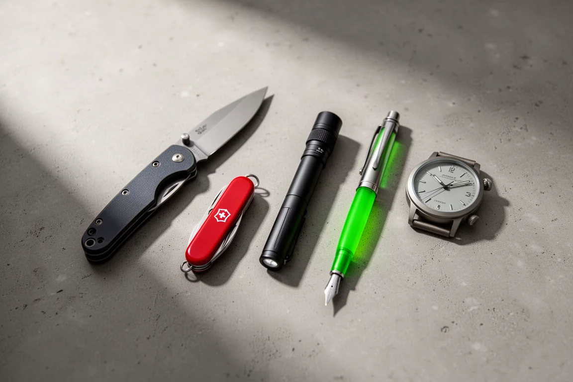 Flat-lay of everyday carry gear including a knife, flashlight, pen, and watch on concrete