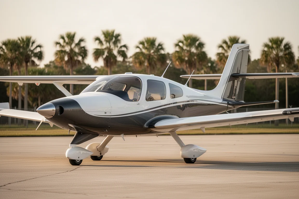 High-wing six-seat experimental aircraft on a sunlit Florida airfield apron