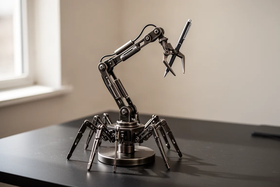 Metal desktop robot arm with spider-like legs and claw holding a pen