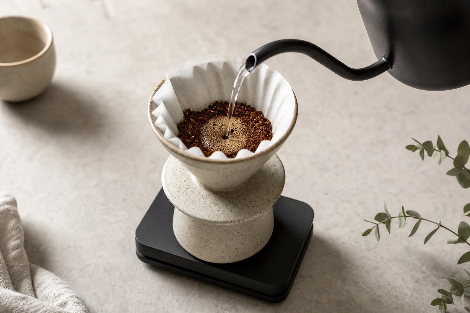 Pour over coffee brewing setup with filter and dripper on a scale