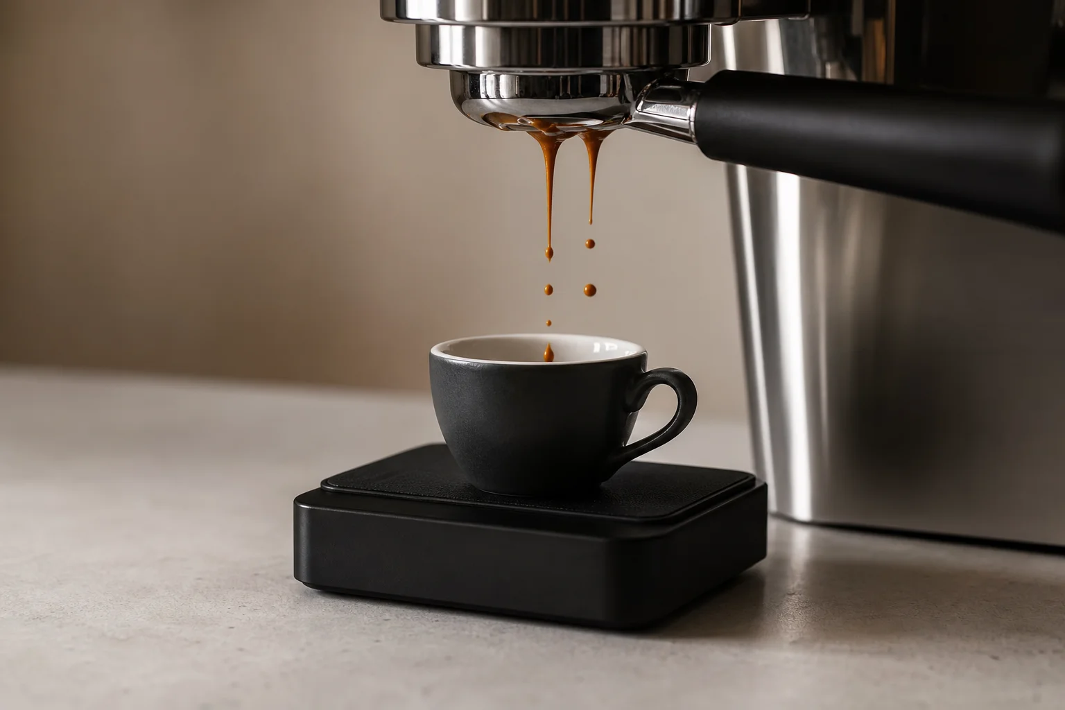 Espresso extraction on a compact scale with cup positioned underneath