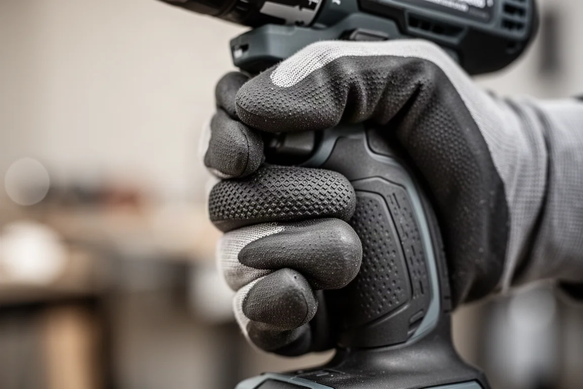 Behandschuhte Hand umschließt einen Bohrergriff mit strukturiertem Gummiüberzug