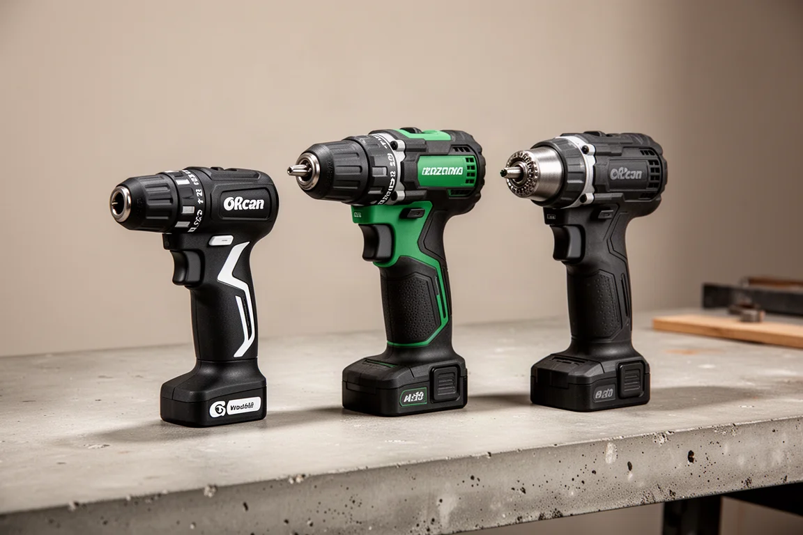 Three compact cordless drills side by side on a concrete workbench
