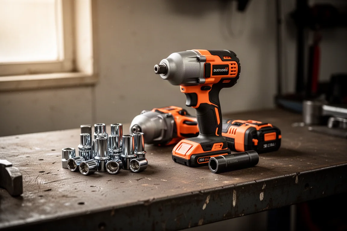 Compact impact wrench resting on a workshop bench beside loose lug nuts
