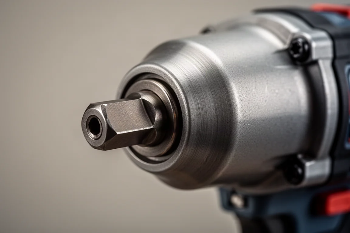 Close-up of an impact wrench drive square and anvil under workshop lighting