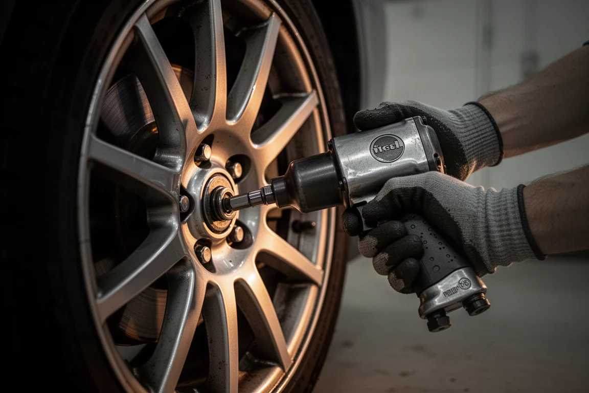 Mechanic's gloved hands using an impact wrench on a wheel bolt at dusk
