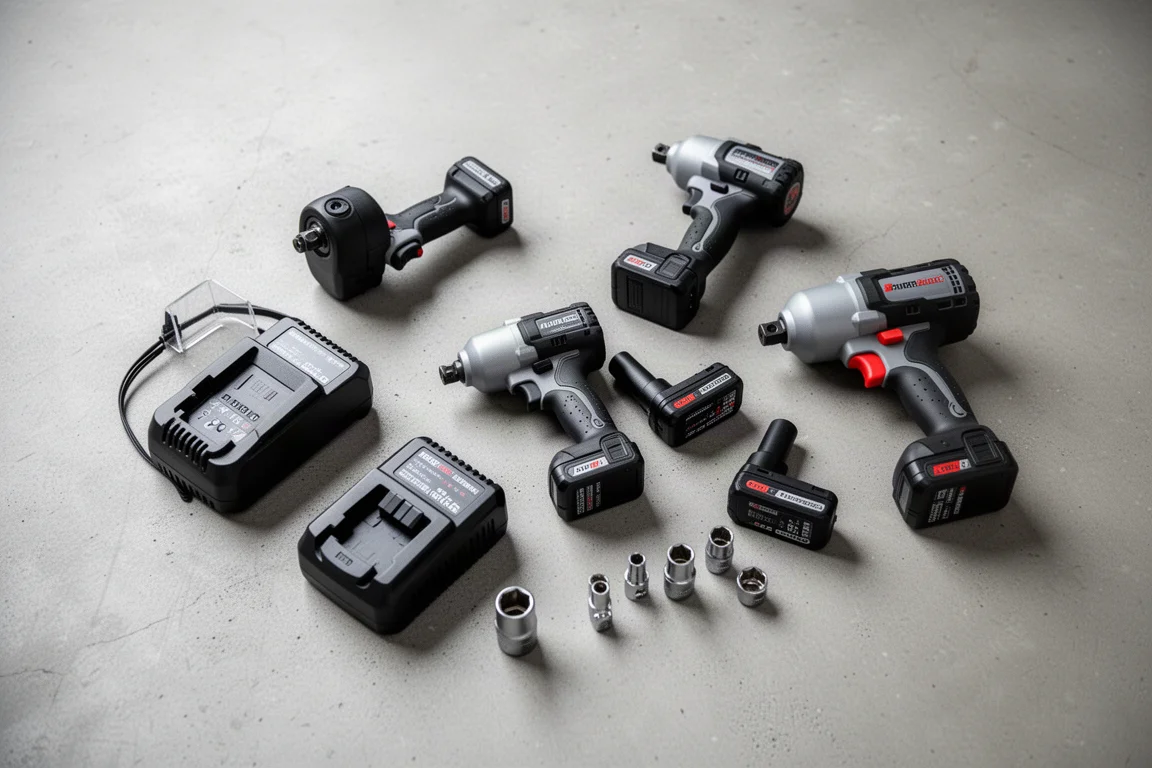 Flat-lay of compact impact wrenches and accessories on a concrete floor