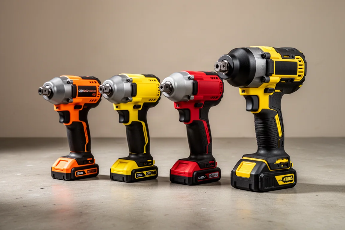 Four compact cordless impact wrenches lined up on a concrete workshop surface