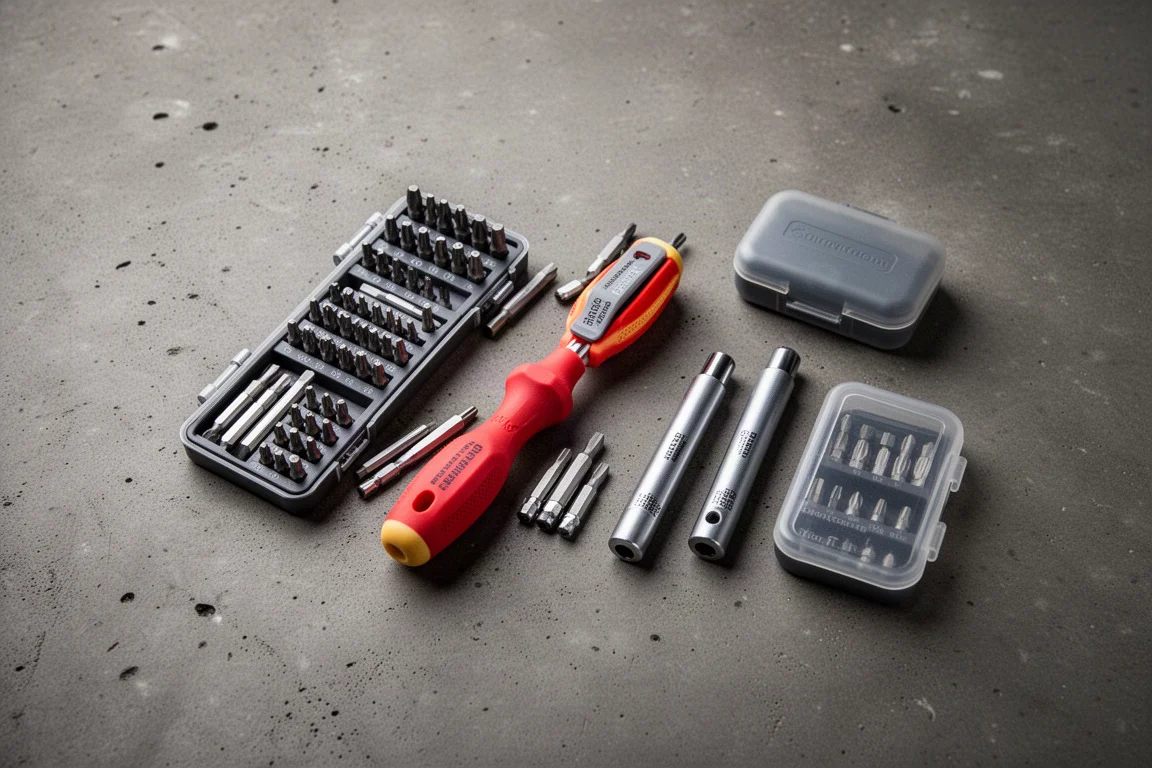 Overzicht van drie schroevendraaiersets en bitkits op een werkplaatsoppervlak