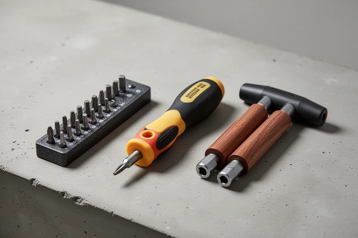 Three compact screwdriver sets side by side on a concrete surface