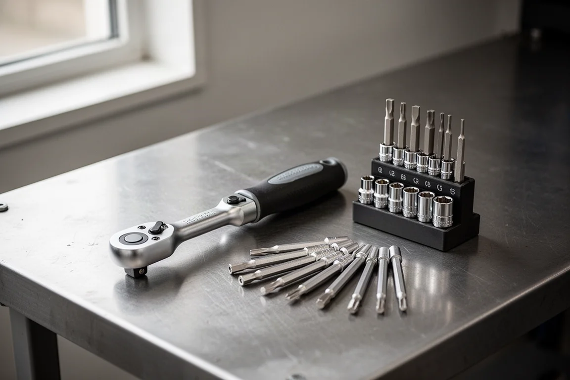 Compact ratchet and socket set laid out on a workbench