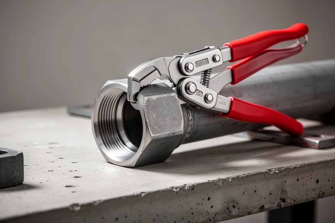 Water pump pliers gripping a large pipe nut on a workbench