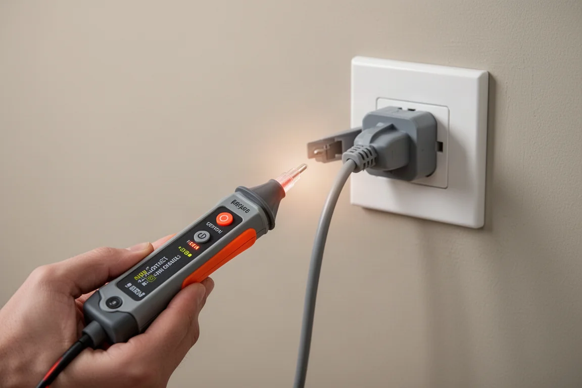 Voltage detector tip held near a household cable