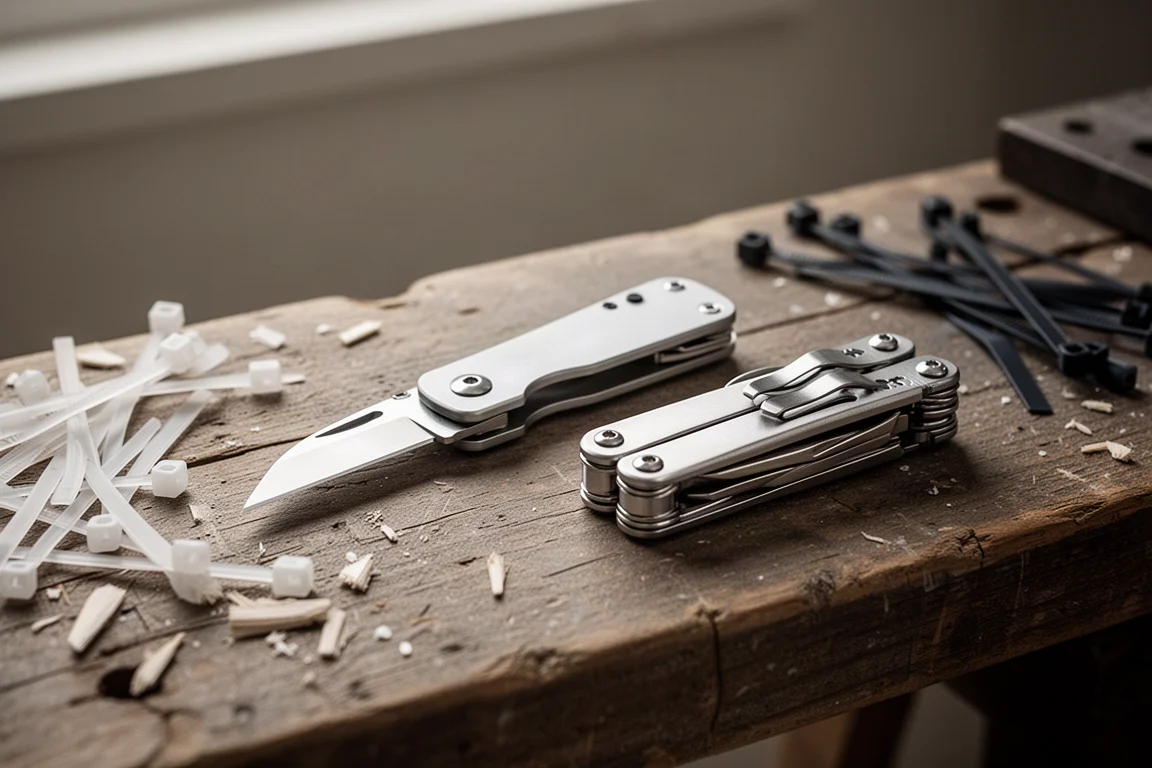 Folding utility knife and multi-tool resting on a wooden workbench