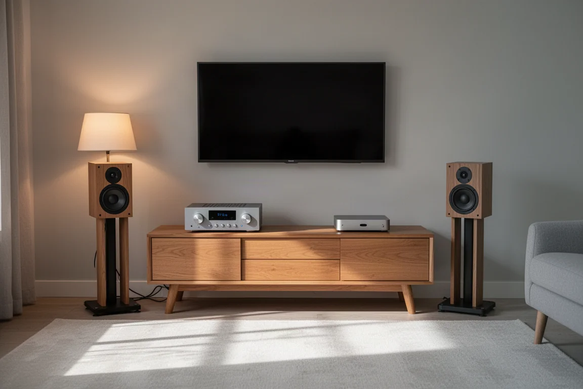 Système hi-fi compact avec de petites enceintes sur pieds dans un petit salon au crépuscule