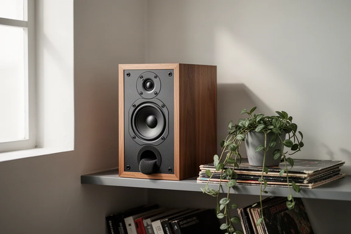 Petite enceinte bibliothèque placée près d'un mur sur une étagère basse avec des vinyles à côté