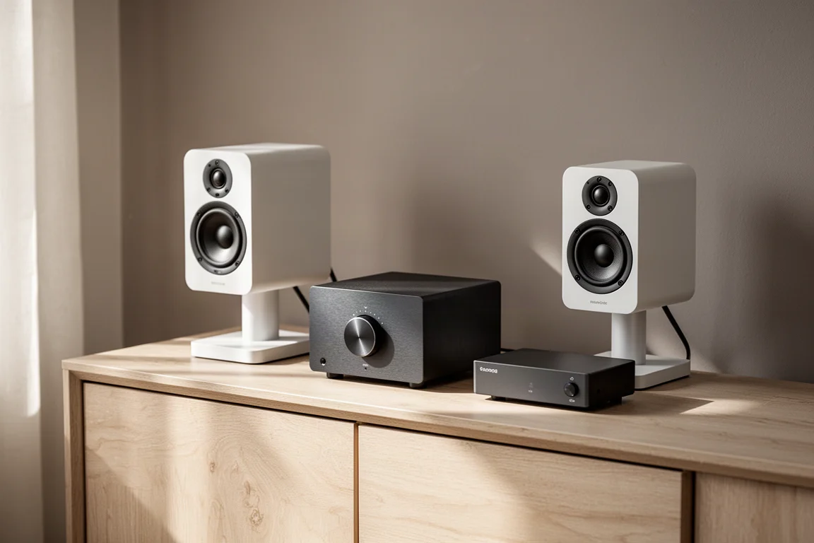 Compact hi-fi system with white bookshelf speakers, streaming amplifier and network streamer on an oak sideboard