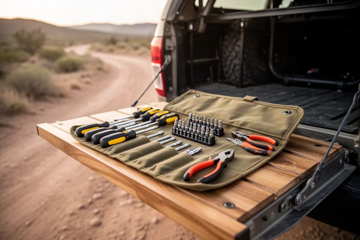 Small tool kit laid out on a wooden tailgate beside an off-road truck
