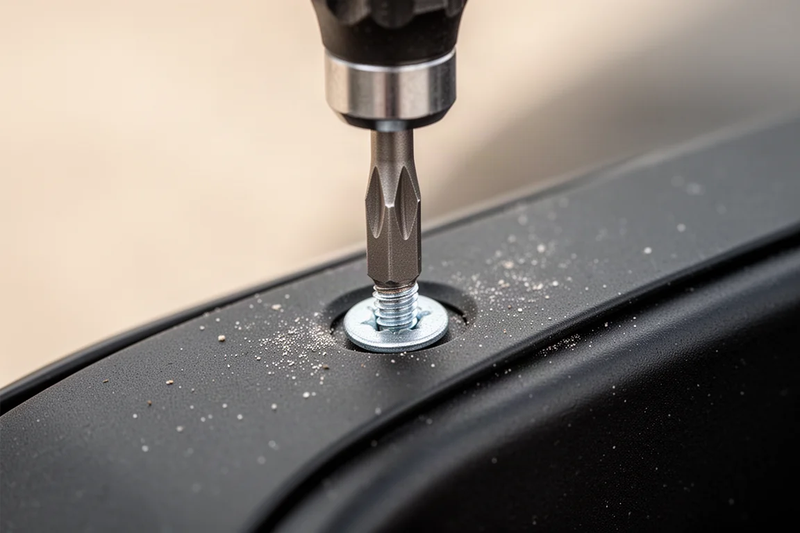 Close-up of a Phillips screwdriver bit seated in a screw head on a vehicle panel