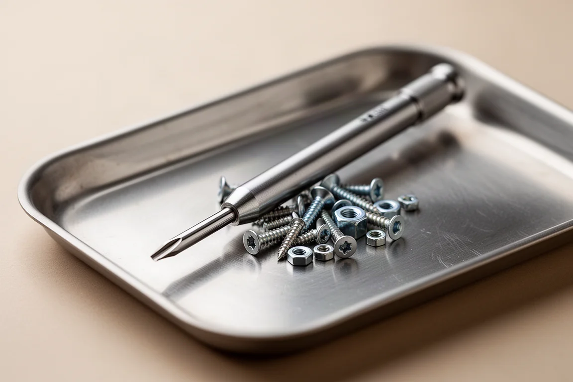 Precision double-ended screwdriver resting on a small pile of hardware
