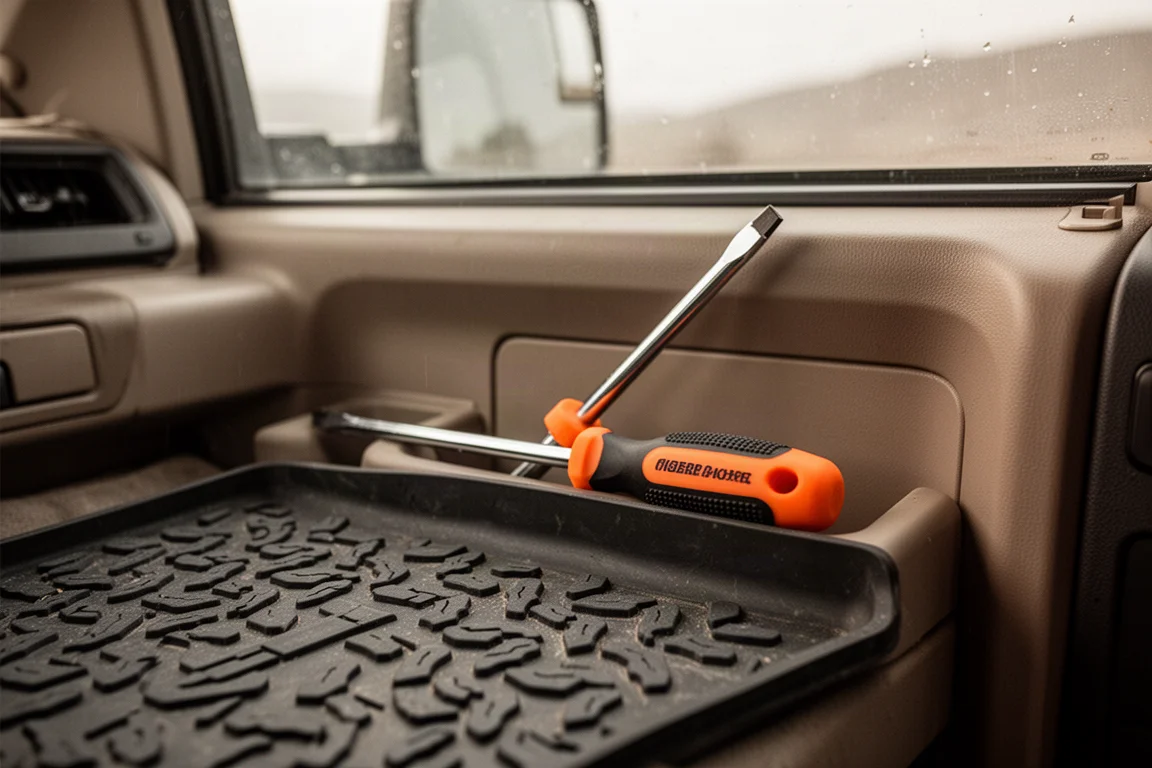 Orange-handled screwdriver resting in a truck door pocket