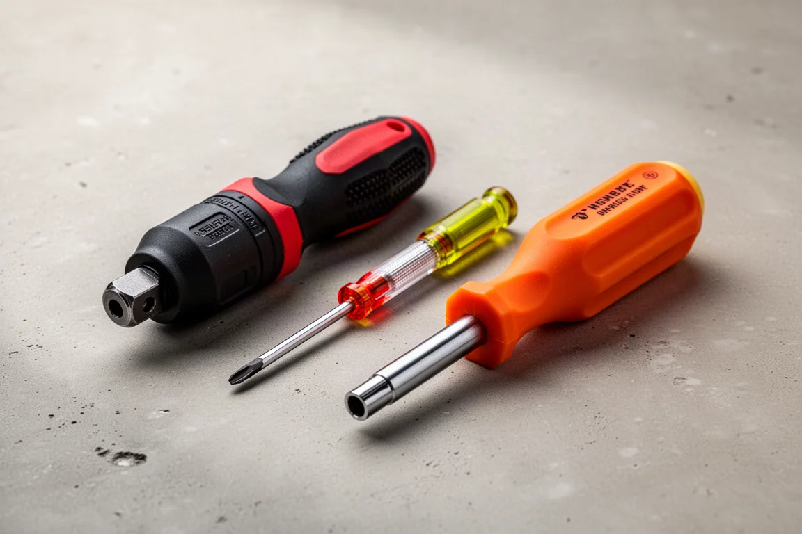 Three screwdrivers arranged on a concrete surface, including a large orange-handled driver