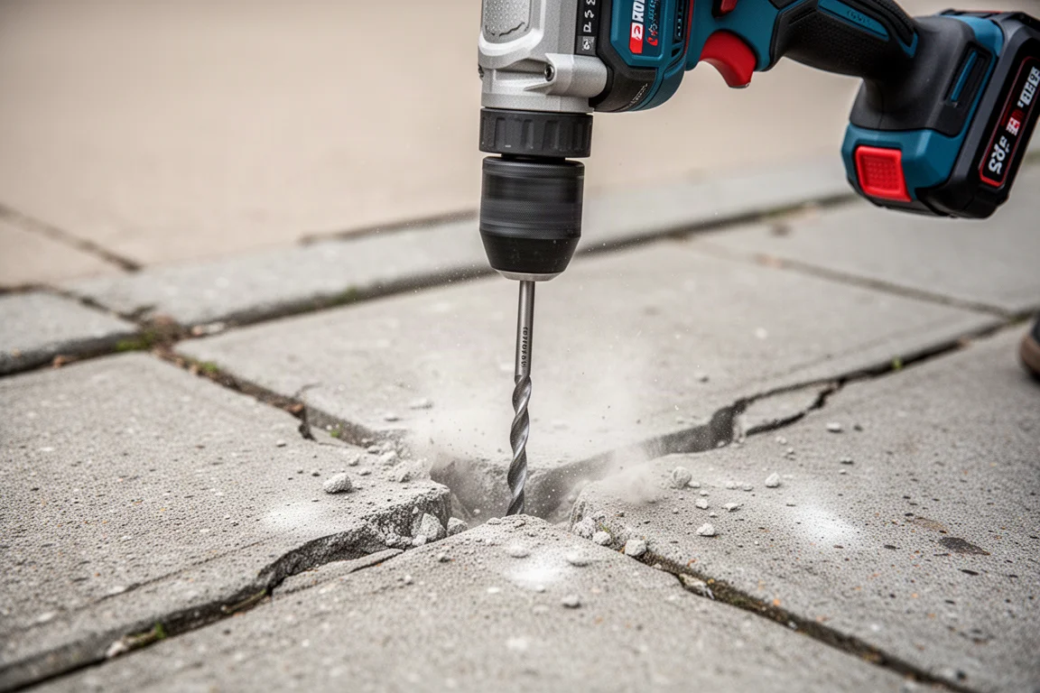 Marteau-perforeur compact sans fil perçant un vieux trottoir en béton
