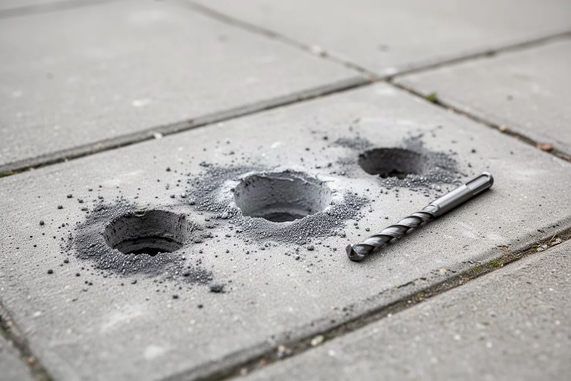 Trous fraîchement percés de tailles différentes dans une dalle de trottoir en béton gris
