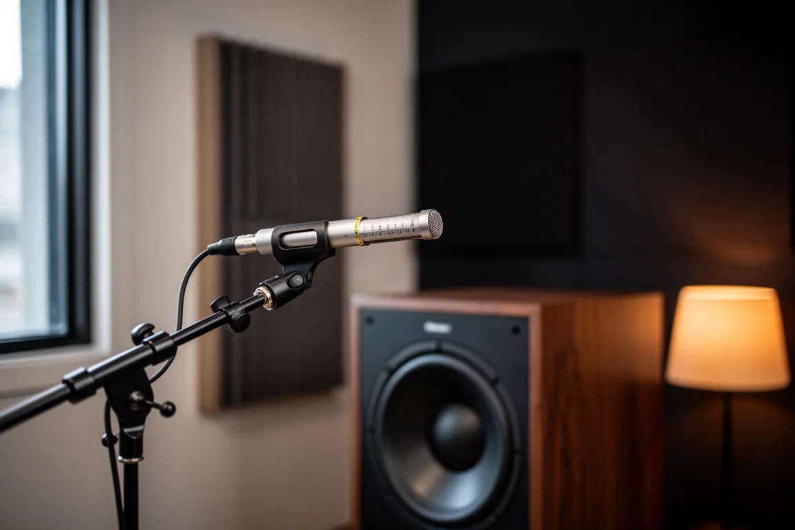 Microphone de mesure sur perche orienté vers un caisson de basses compact dans une pièce à éclairage doux