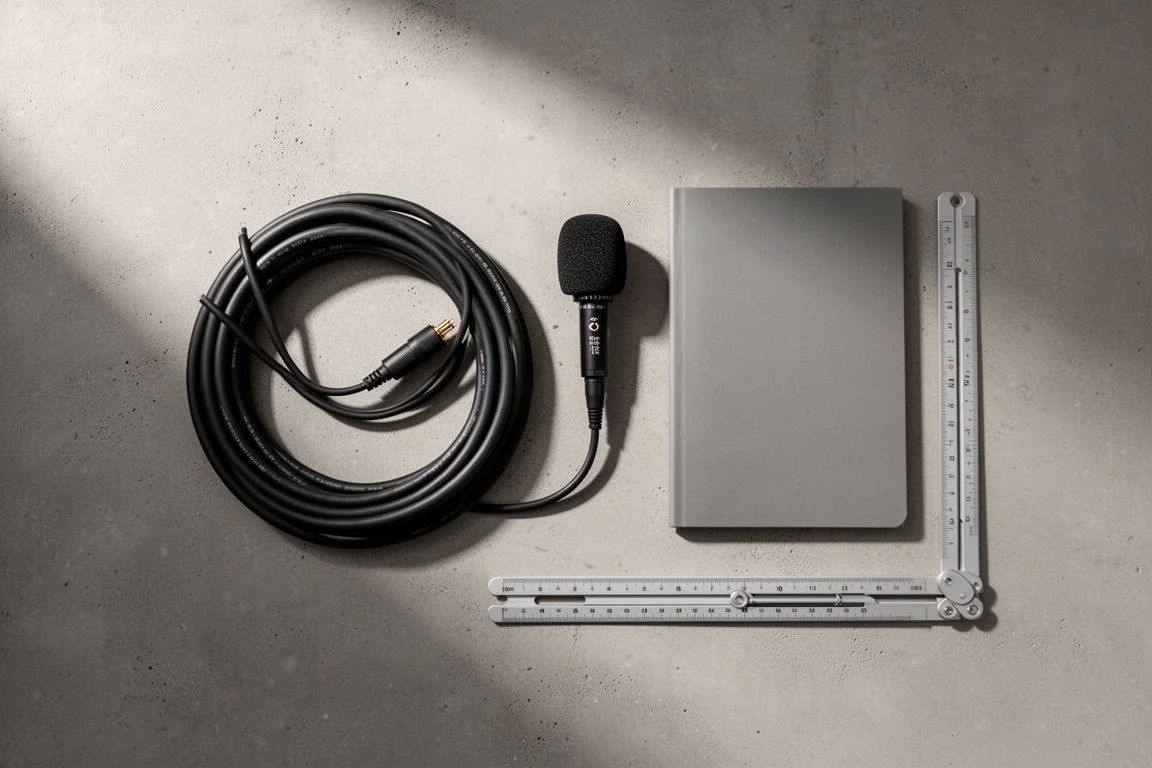 Vue à plat de câble d'enceinte, microphone de mesure, carnet et règle sur du béton