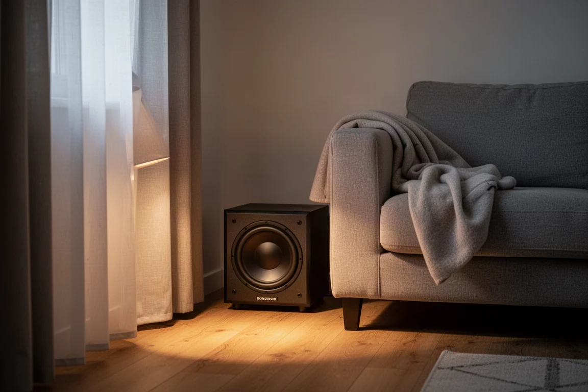 Caisson de basses compact dans le coin d'un petit salon d'appartement éclairé par une lampe chaude