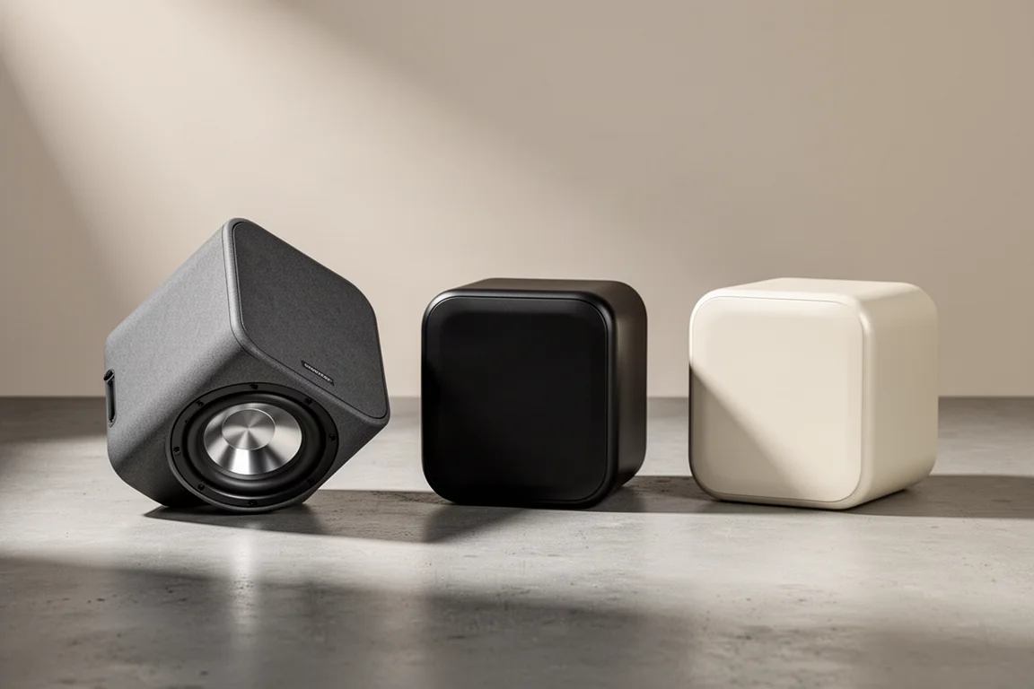 Three compact sealed subwoofer cabinets arranged in a row on a concrete surface