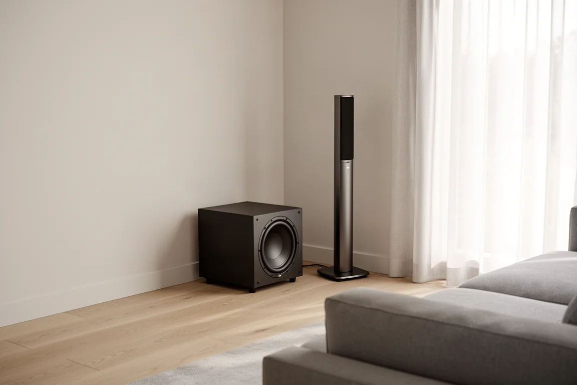Caisson de basses compact cubique dans un coin de salon minimaliste, à côté d'une enceinte colonne fine