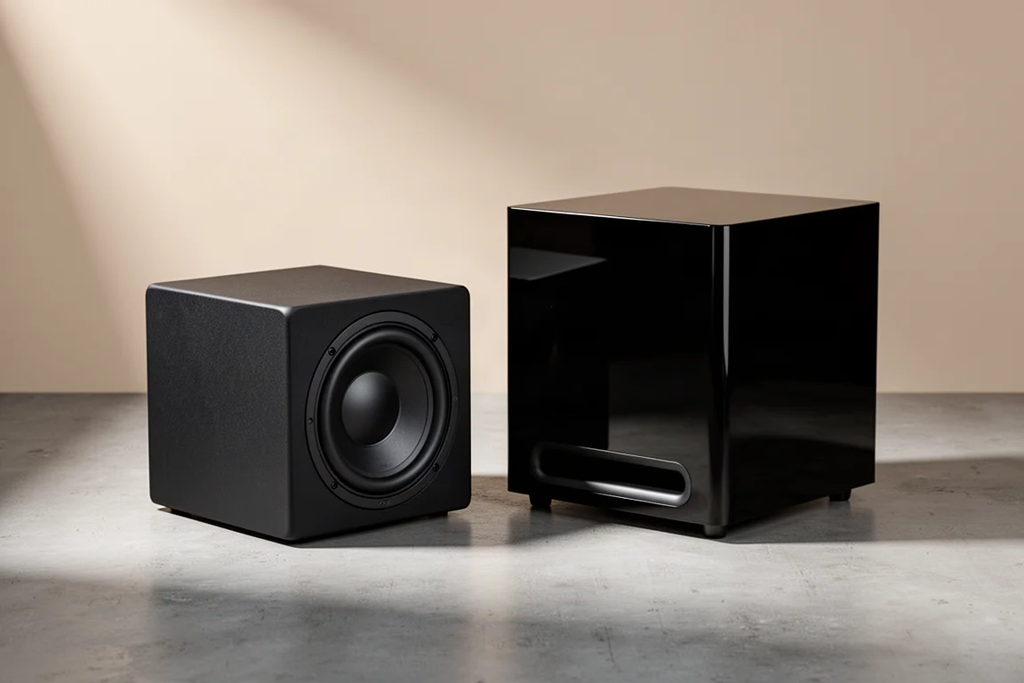 Compact sealed and ported subwoofer cabinets side by side on a concrete surface