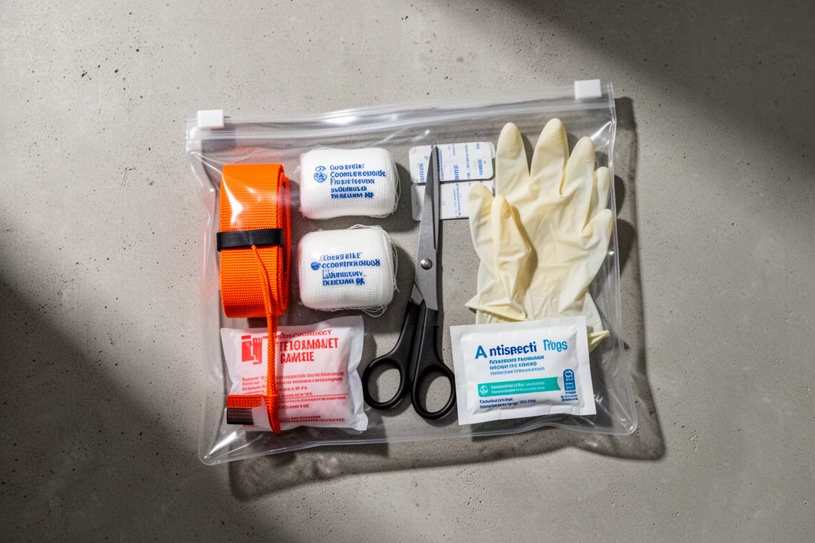 Open clear zip pouch showing the contents of a compact trauma kit