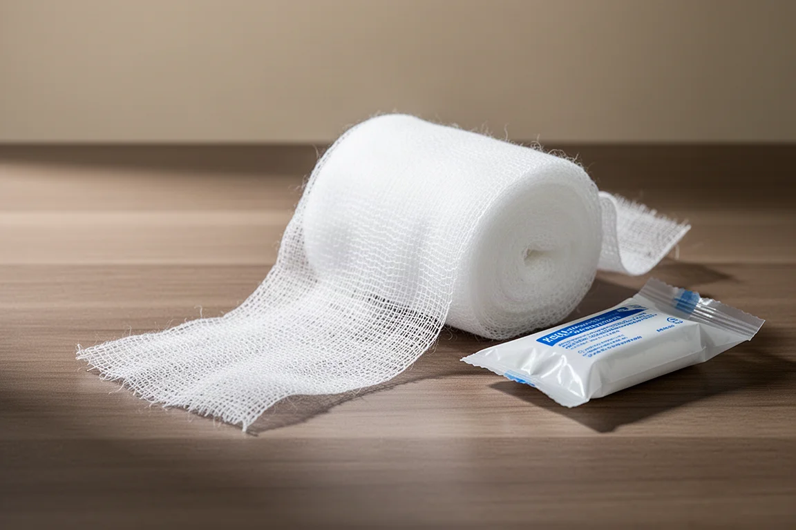 Sterile compressed gauze unrolled to show its full length