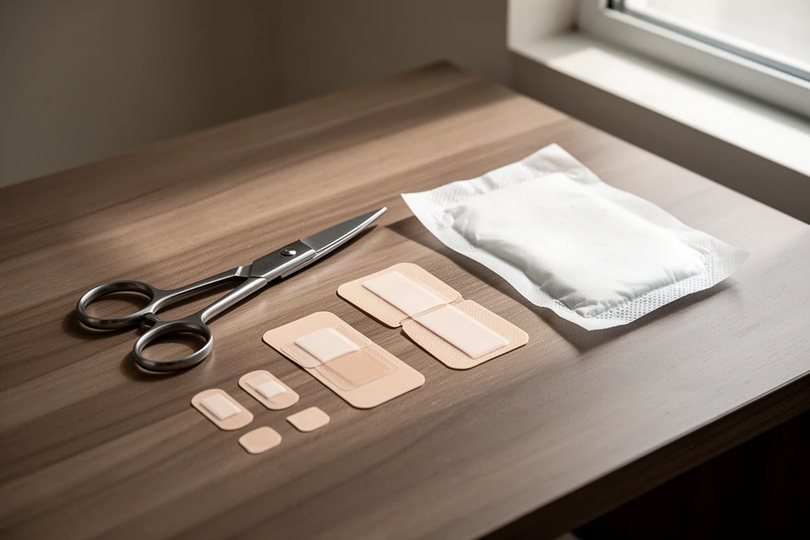 Trauma shears and wound closure supplies arranged on a wooden surface