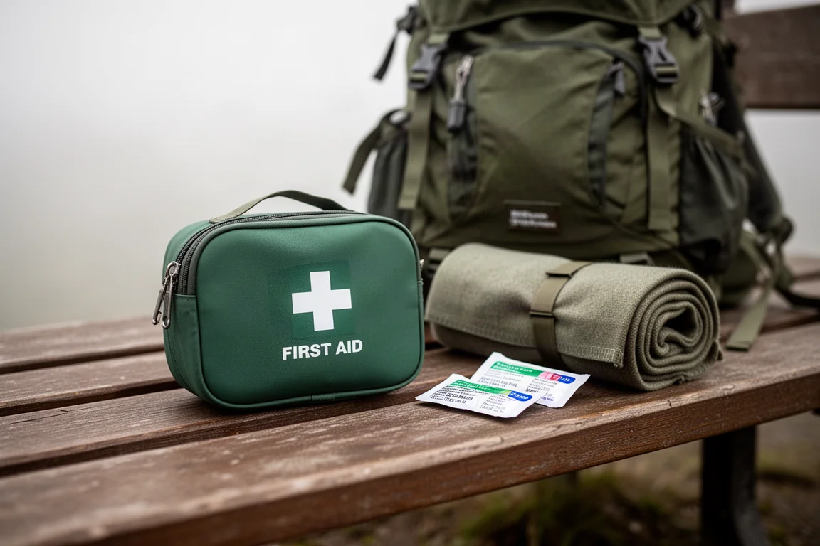 Compact lightweight first aid pouch resting beside a travel backpack